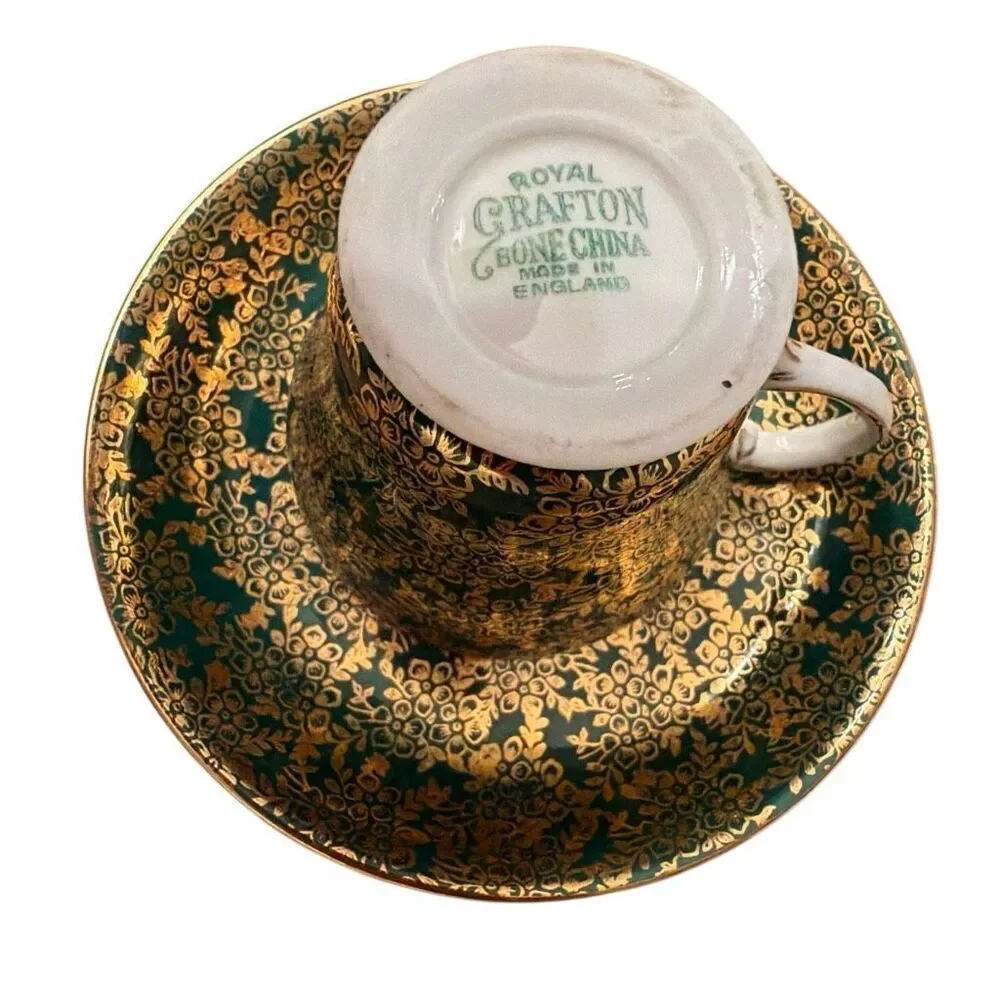Royal Grafton-bone China-teacup, saucer porcelain Dark green gold floral design